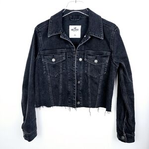 Hollister Washed Out Black Semi-Cropped Frayed Denim Jean Jacket